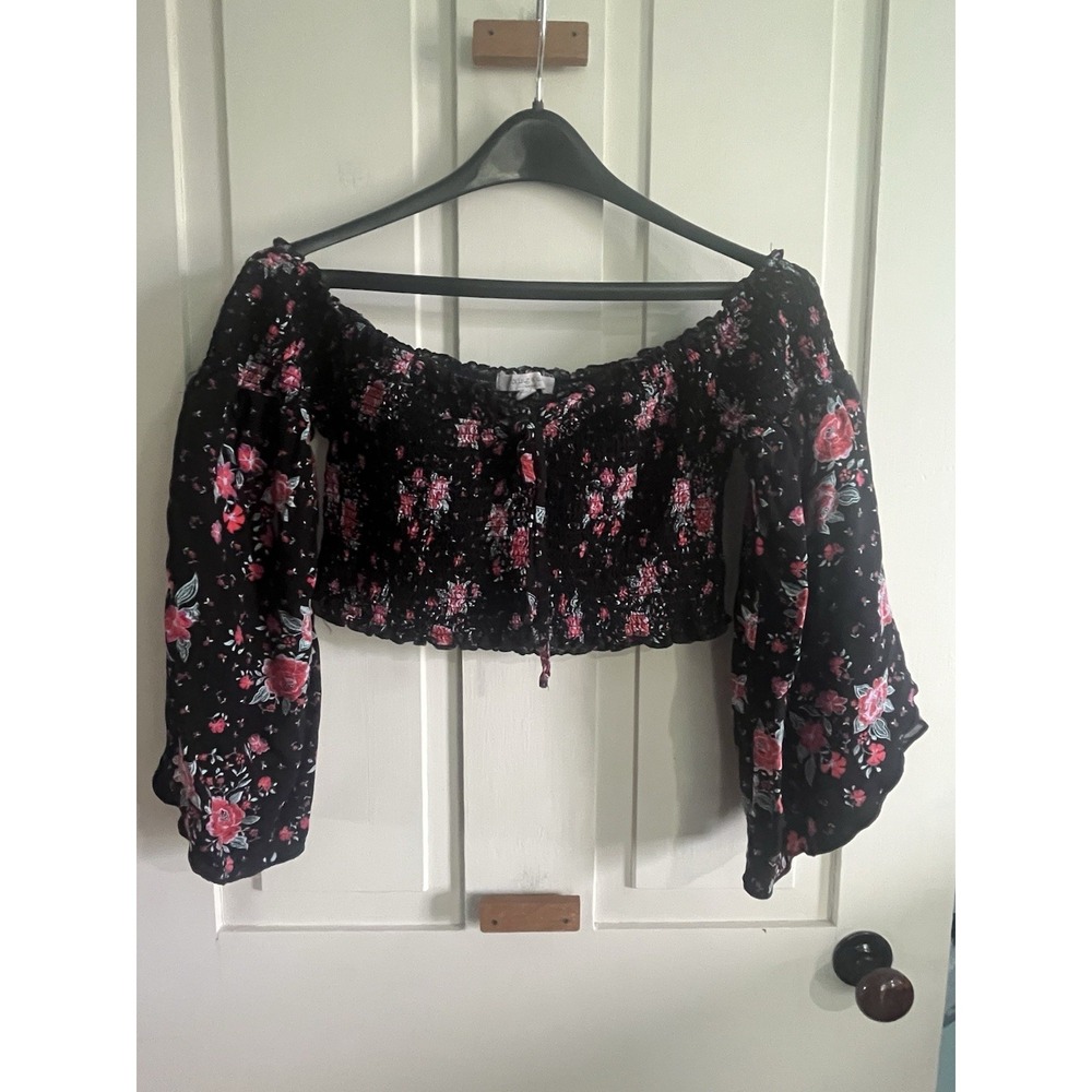 Living Doll Smocked Crop Top M Gathered Black Floral Bell Sleeve Romantic Goth